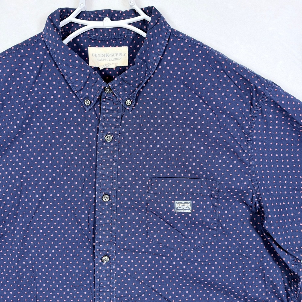 Denim & Supply Ralph Lauren Mens XXL Navy Blue Pink Star Print Button Down Shirt